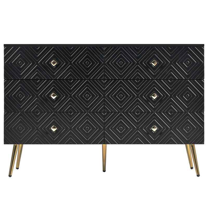 Kommode Schwarz 120x80cm Mit 6 Schubladen, Gold-Akzenten, Metallbeinen_voghion.com