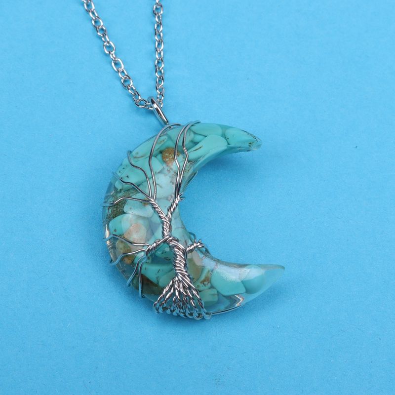 Collana in resina con albero della vita - Ciondolo a forma di luna con ghiaia di cristallo colorato per protezione spirituale e buona fortuna_voghion.com