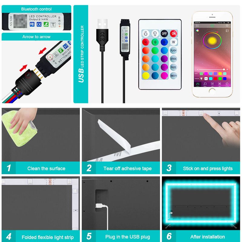 Striscia LED RGB USB 5V 5050 SMD - Telecomando Bluetooth e IR, 16 milioni di colori, luce flessibile autoadesiva per retroilluminazione TV, configurazione di gioco_voghion.com
