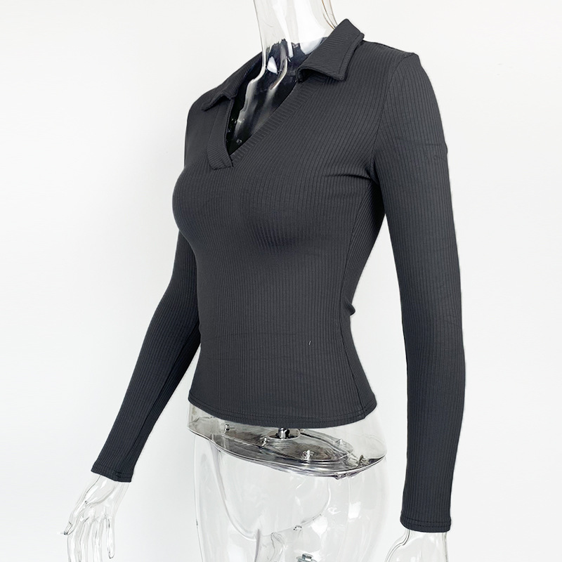 T-shirt da donna elegante con collo alto e maniche lunghe a V profonda in cotone attillato_voghion.com