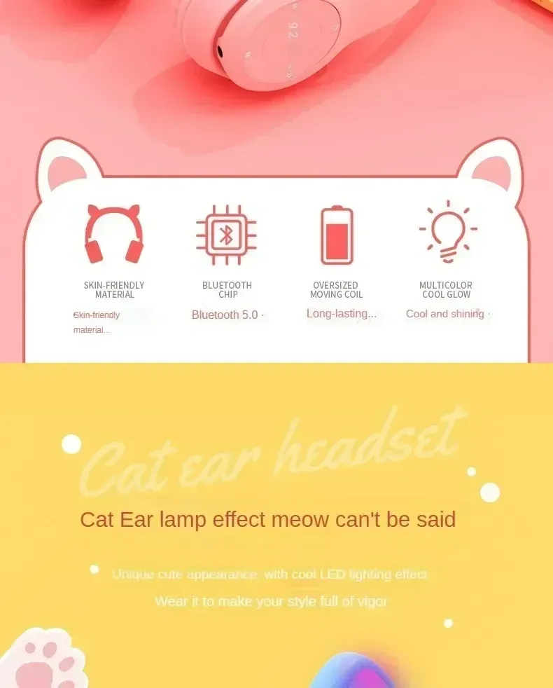 47M Wireless Game Headphone Flash Light Cute Cat Ears Gaming With Mic Control LED Stereo Music Phone Bluetooth Headset_voghion.com