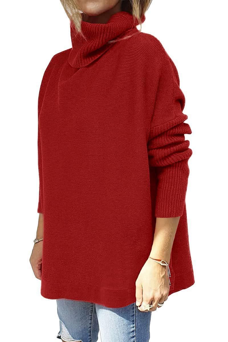 Dametrøje med høj hals, oversized pasform, mellemlang pullover med flagermusærmer, slidskant og bælte_voghion.com