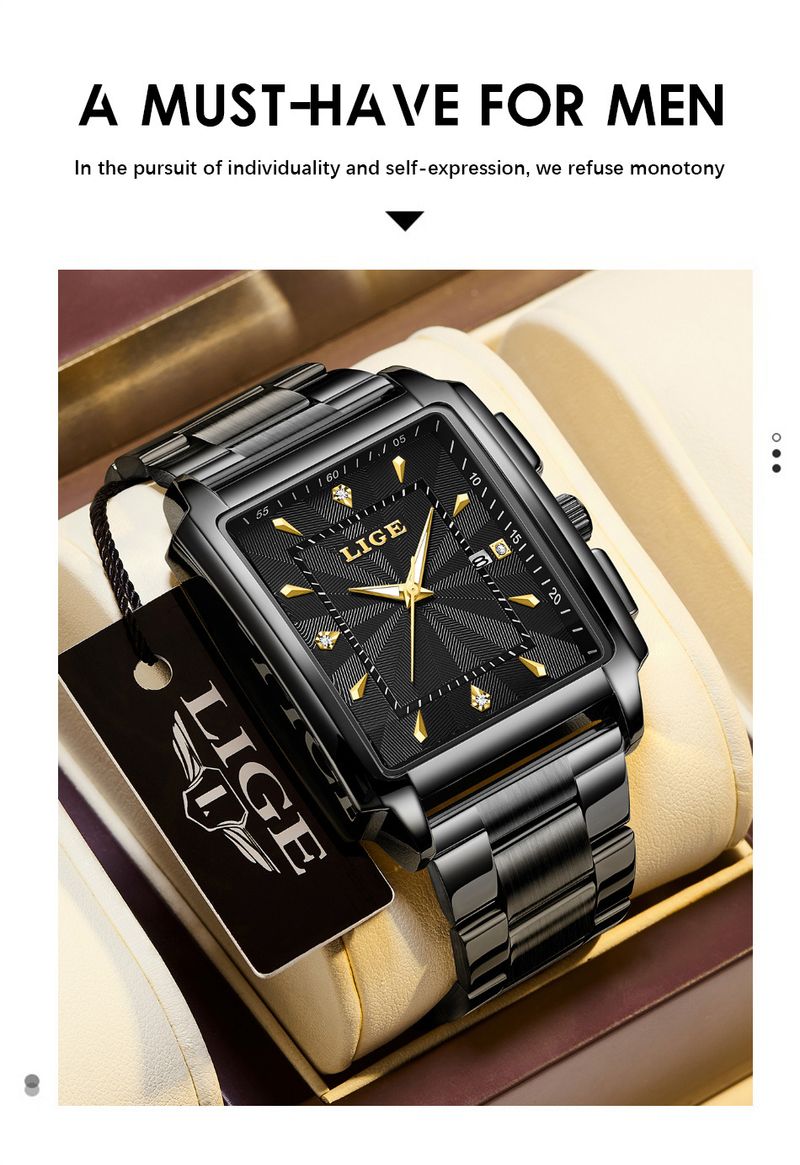 Men's Business Quartz Watch With Date Display, Water Resistant Stainless Steel Band, Square Mineral Glass Steel Belt Quartz Watch Men's Watch_voghion.com
