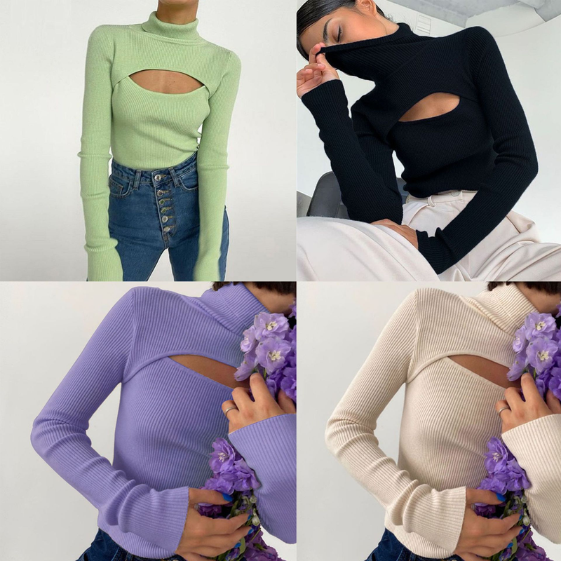 Abbigliamento da donna Felpa con cappuccio in maglia a maniche lunghe con torace cavo da donna_voghion.com