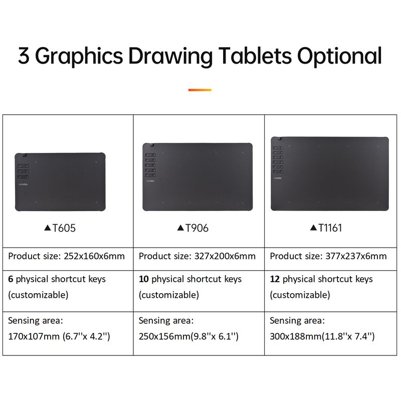 Vinsa T1161 Grafik-Zeichentablett, ultradünn, zum Erstellen von Kunstwerken, zum Skizzieren, mit batterielosem Stift, 8 Stiftspitzen, 8192 Stufen_voghion.com