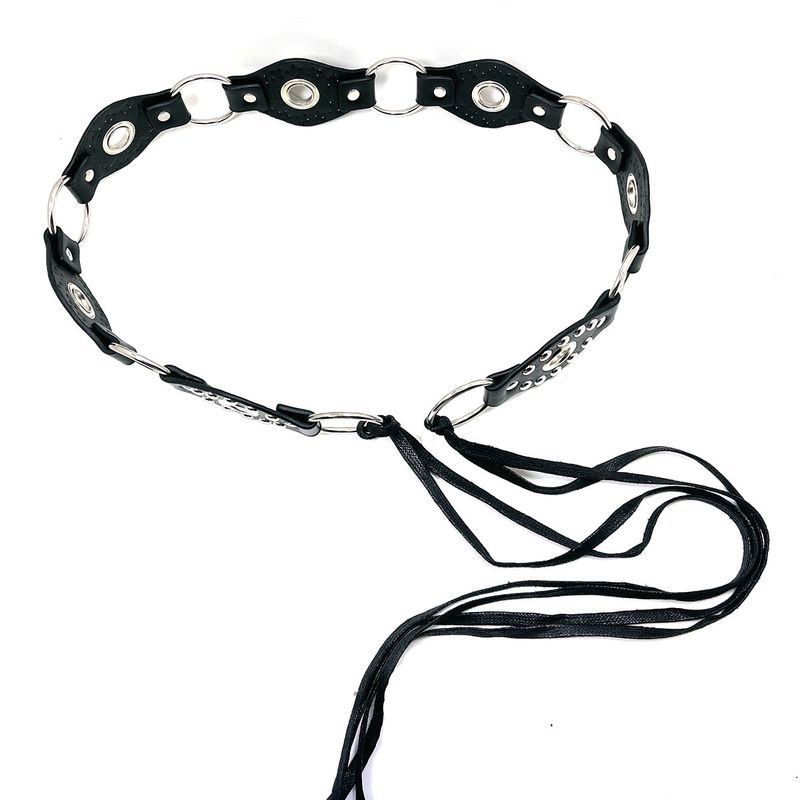 American Style Y2K Spicy Girl Round Ring Leather Patchwork Belt Black Rivet Metal Buckle Design Sense Tie Waist Rope_voghion.com