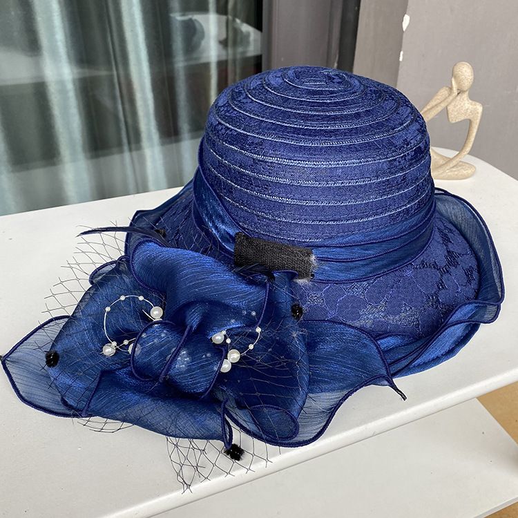 Cappello da sole in pizzo con pizzo Temperamento Elegante cappello da secchiello con fiori di perle Cappello da sole estivo traspirante da donna_voghion.com