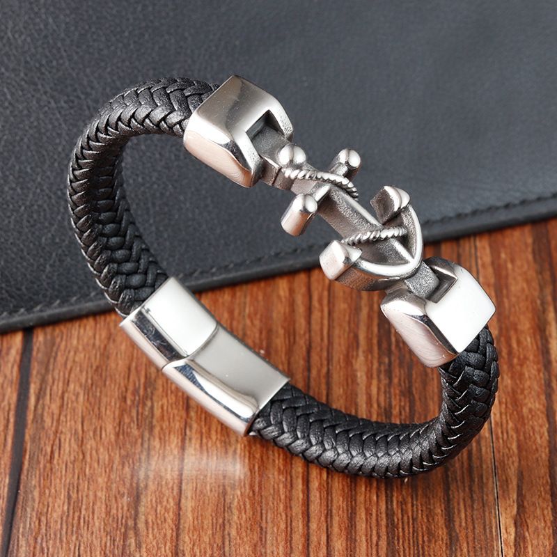 Mode Gewebt Punk Stil Anker Zubehör Multi-schicht Leder Stahl Armband Schmuck L20275_voghion.com