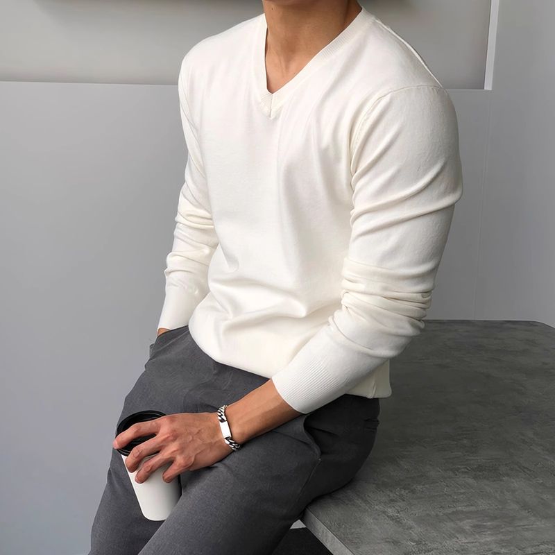 Lazy style casual V-neck long sleeved knitted sweater men's spring and autumn new trend pullover base top_voghion.com
