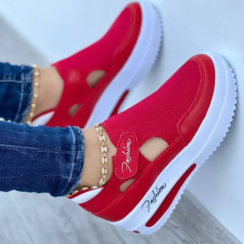 Scarpe da ginnastica rosse da donna Scarpe da tennis in tela Scarpe casual da donna con plateau sportivo Scarpe scavate_voghion.com