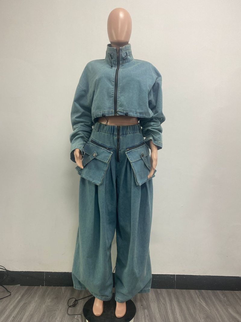 Dameskleding Mode Losse Casual Korte Jas Wijde Pijpen Broek Denim Pak Dames Tweedelig Pak_voghion.com