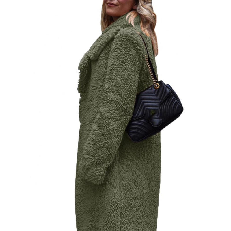 New Autumn Winter Polyester Spandex Women Winter Thicken Plush Lapel Solid Color Long Sleeve Warm Cardigan Midi Coat_voghion.com