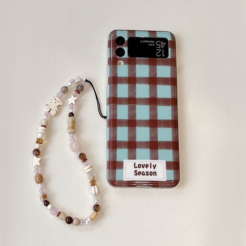 Brown blue plaid English Galaxy zflip5 folding protective case for Samsung zflip3/4 Bear chain_voghion.com