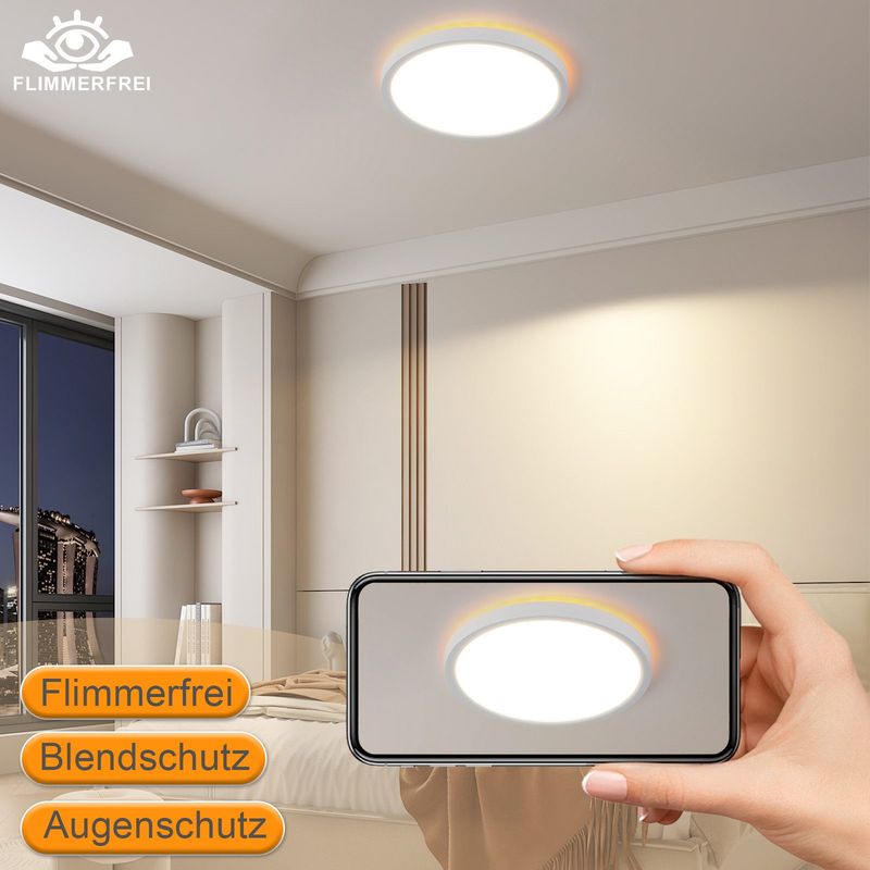 Glitzerlife Deckenlampe LED Deckenleuchte Flach - Schlafzimmerlampe 22CM Badezimmerlampe 18W Küchenlampe Schlafzimmer Flurlampe Badlampe 3000K - 6500K_voghion.com