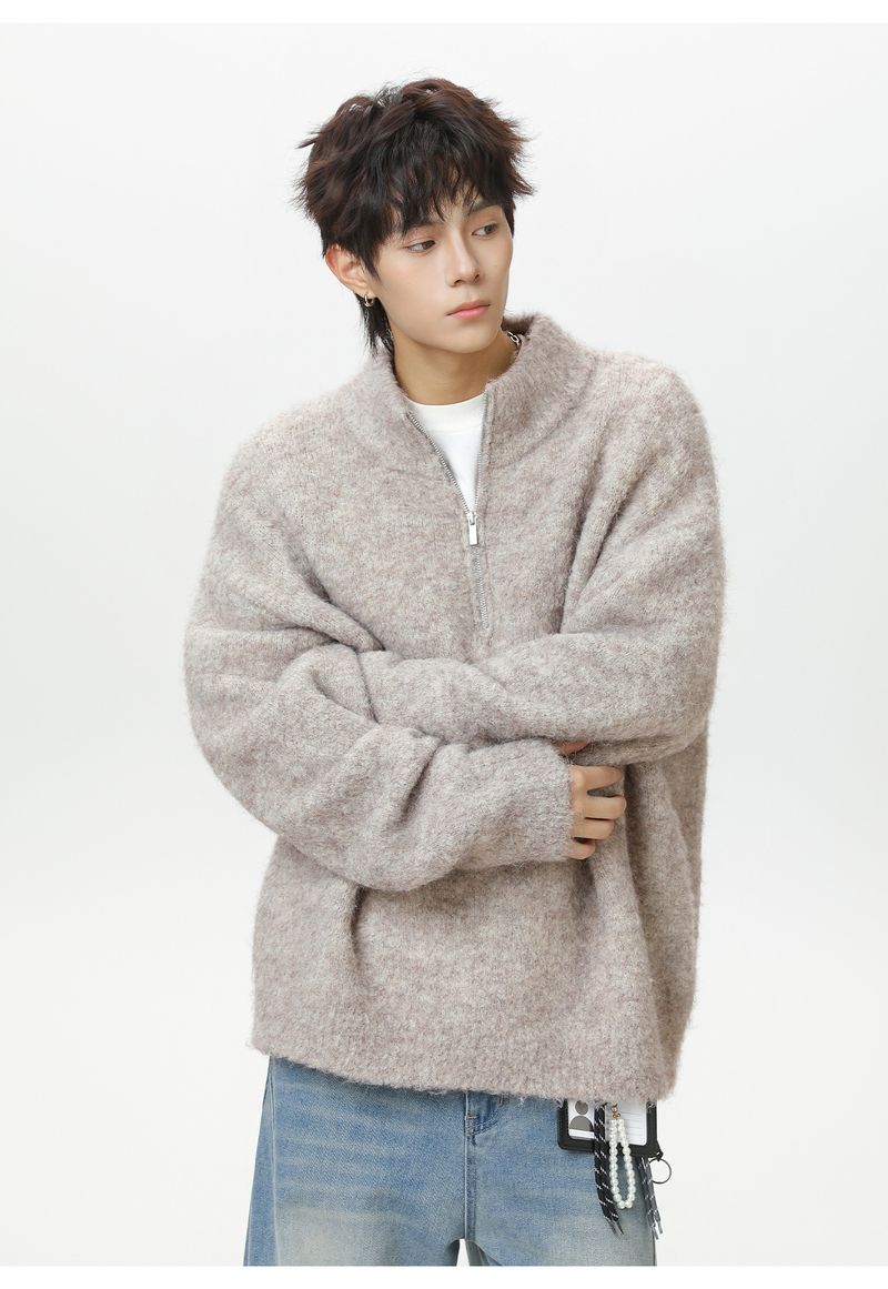 Half Zipper Stand-up Collar Pullover Sweater Men's Autumn And Winter Style Texture Warm Lazy Wind Loose Half Turtleneck Knitted Sweater Jacket_voghion.com