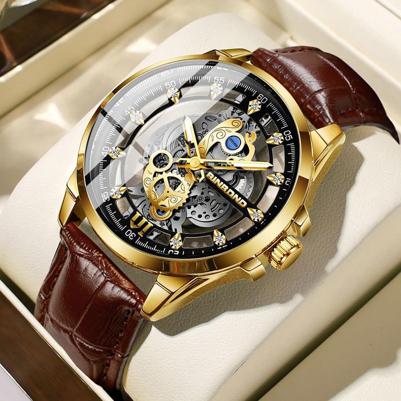 Orologio da polso al quarzo da uomo, stile business, con design scheletrato, impermeabile, luminoso, con cinturino in pelle._voghion.com