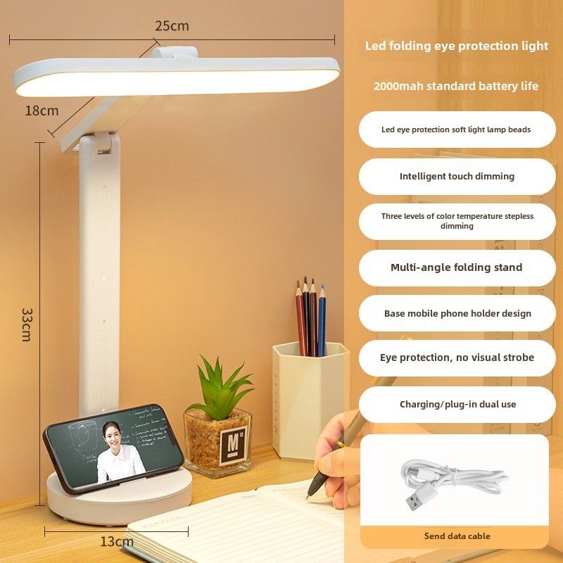 Lampada da tavolo per studenti, dormitorio, lettura, protezione degli occhi, grande testa, controllo touch, plug-in, lampada da comodino pieghevole a doppio scopo_voghion.com