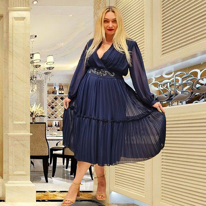 Langärmliger Faltenrock für Damen, unabhängige Station, hohe Taille, Außenhandel, lockeres Kleid in großer Größe (freier Gürtel) 8835_voghion.com