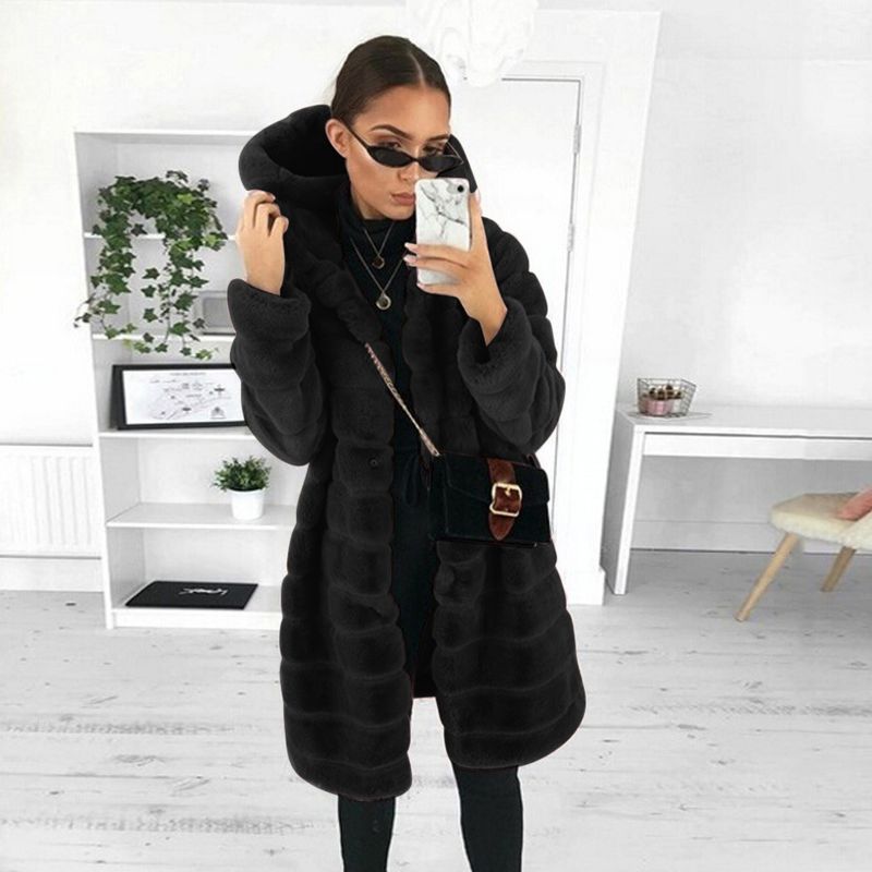 Nuovo cappotto largo in pelliccia di coniglio con cappuccio e tasche laterali per donna, autunno/inverno_voghion.com