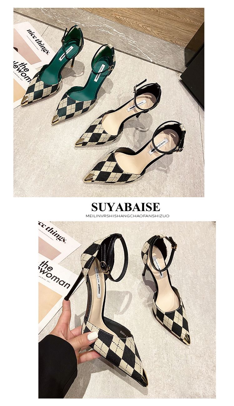 One line buckle high heels, spring and summer plaid pointed shallow mouthed sexy thin heel buckle hollow sandals_voghion.com