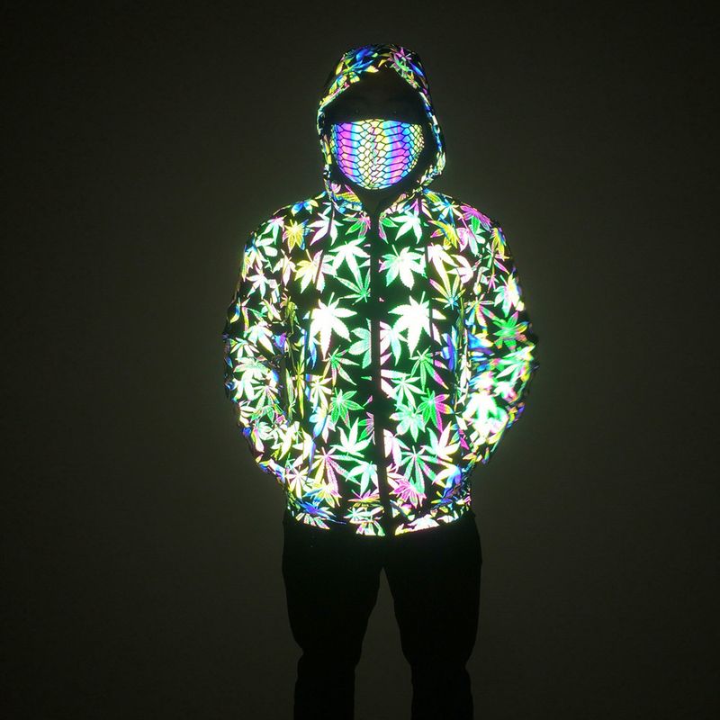 Men's Clothing Colorful leaf laser jacket men's ins trendy tops loose zipper hooded pullover reflective jacket_voghion.com