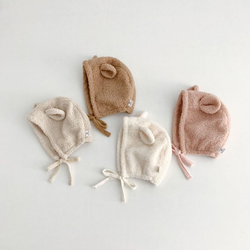 Cappello per neonati Cappello per neonati con piccole orecchie carine in peluche con lacci, cappello caldo autunnale e invernale_voghion.com