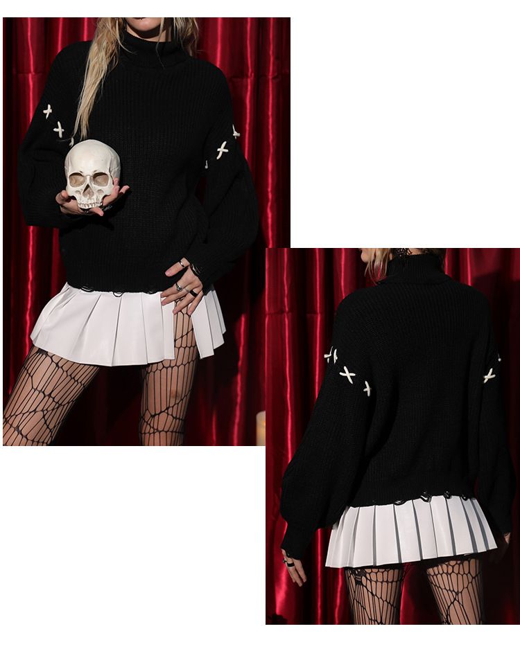 Halloween Fledermaus bestickter Rollkragenpullover, lockerer Retro-Kontrast-gestreifter Strickpullover für Damen_voghion.com