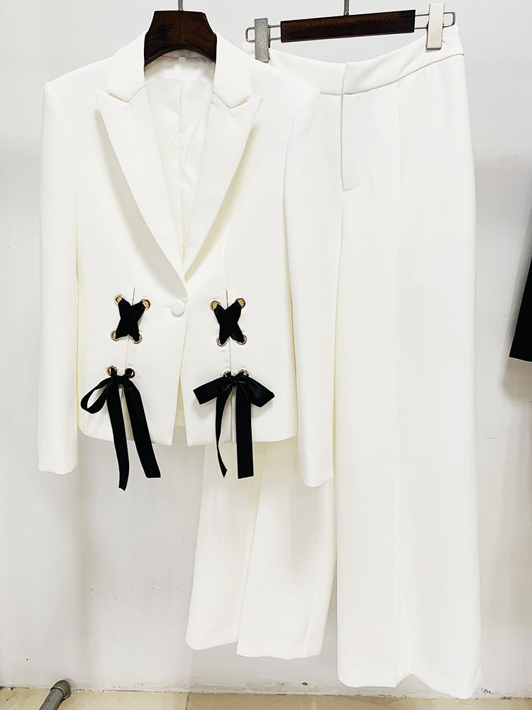 GraceChic In Stock 2025 Early Spring Series New European And American Celebrity Fashion Ribbon Tie Blazer Wide-Leg Pants Set_voghion.com