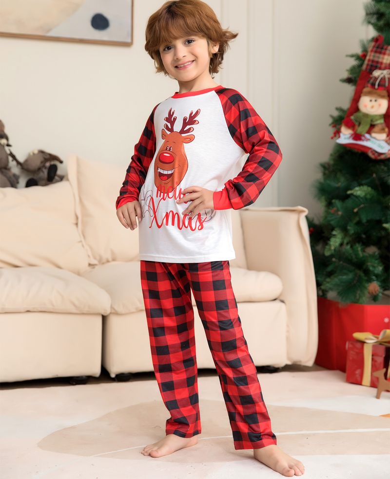 Independent Station Christmas Parent Child Set Cross Border Deer Letter Print Red Plaid Home Clothes Pajamas Soft Cute_voghion.com
