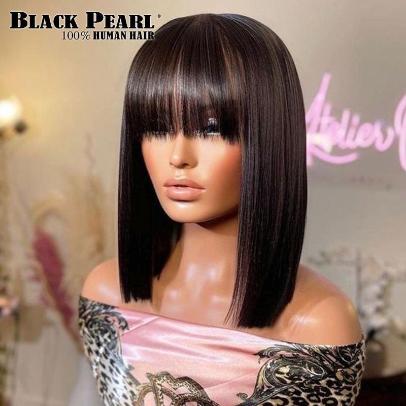 Venta caliente Pelucas cortas con flequillo recto Cabello humano brasileño Remy Peluca completamente hecha a mano para mujeres Peluca Bob sin pegamento_voghion.com
