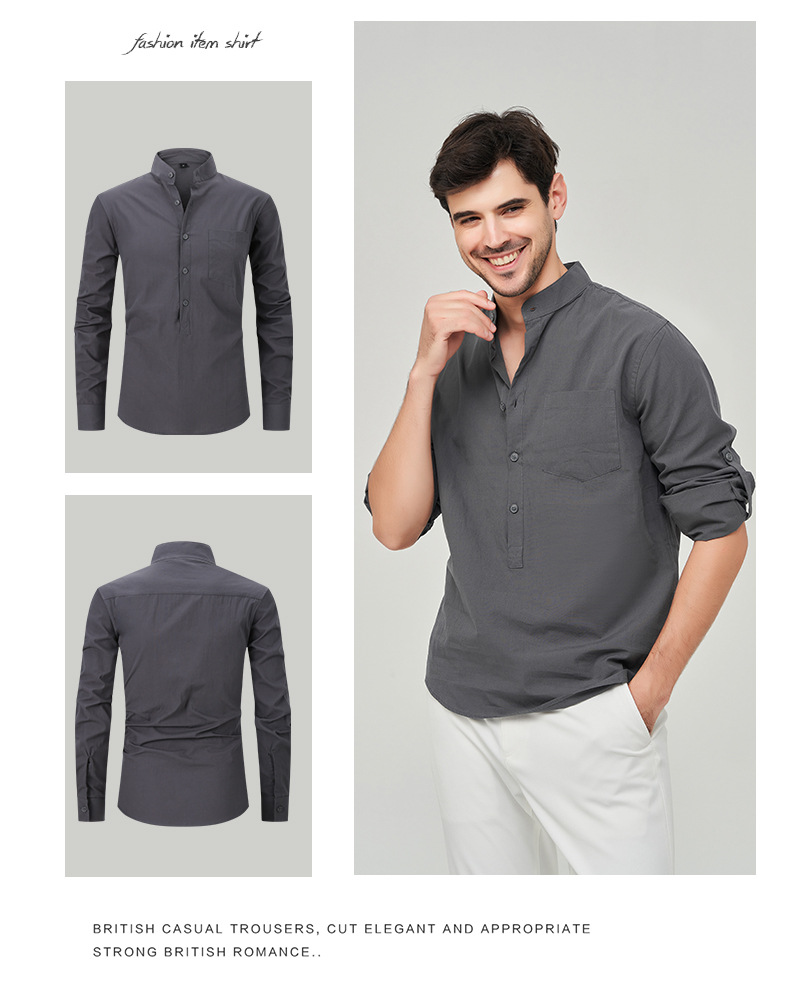 Abbigliamento Uomo Camicia Camicia Henry in cotone da uomo Camicia in lino con collo alto Camicia a maniche lunghe da uomo_voghion.com