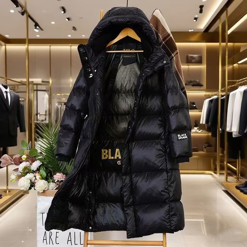 Damenbekleidung Neue High-End-Daunenjacke in Schwarz und Gold, lang, knielang, dicke Kapuzenjacke für Paare, außerhalb der Saison, weiße Gänsedaunen, Winterkleidung_voghion.com