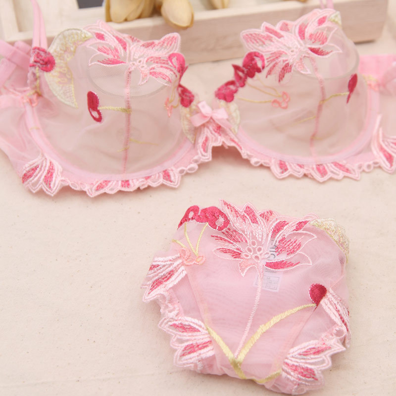 Sexy Ultra-thin Lingerie For Women Gathering Lace Bra Transparent Mesh Embroidery Bra Set_voghion.com