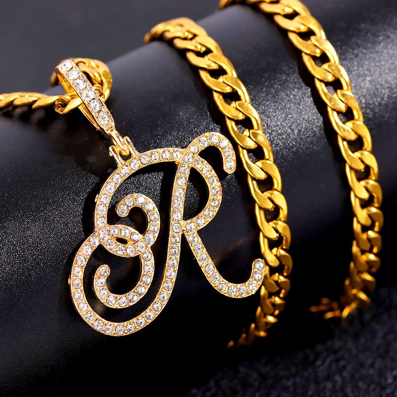 Gran oferta de colgante con inicial cursiva de cristal brillante y circonita para mujeres y hombres, collar de cadena cubana de acero inoxidable, joyería de hip hop._voghion.com