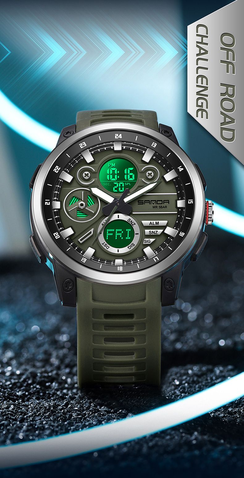 Men's Digital Analog Watch With Alarm, Timer, Dual Time, Waterproof 50m, LED Backlight, Sports & Casual Style Countdown, Dual Time_voghion.com