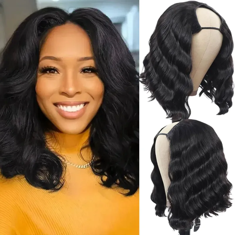 Peluca de cabello humano con ondas corporales, 250 % en forma de U, de 8 a 16 pulgadas, para mujeres, cabello virgen brasileño, color natural, hecha a máquina_voghion.com