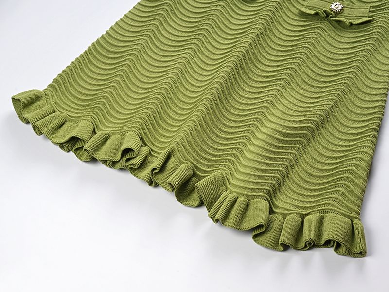 Dameskleding Franse geplooide babykraag niche-ontwerp mouwloze golvende gebreide vest vest rok olijfgroen pak_voghion.com