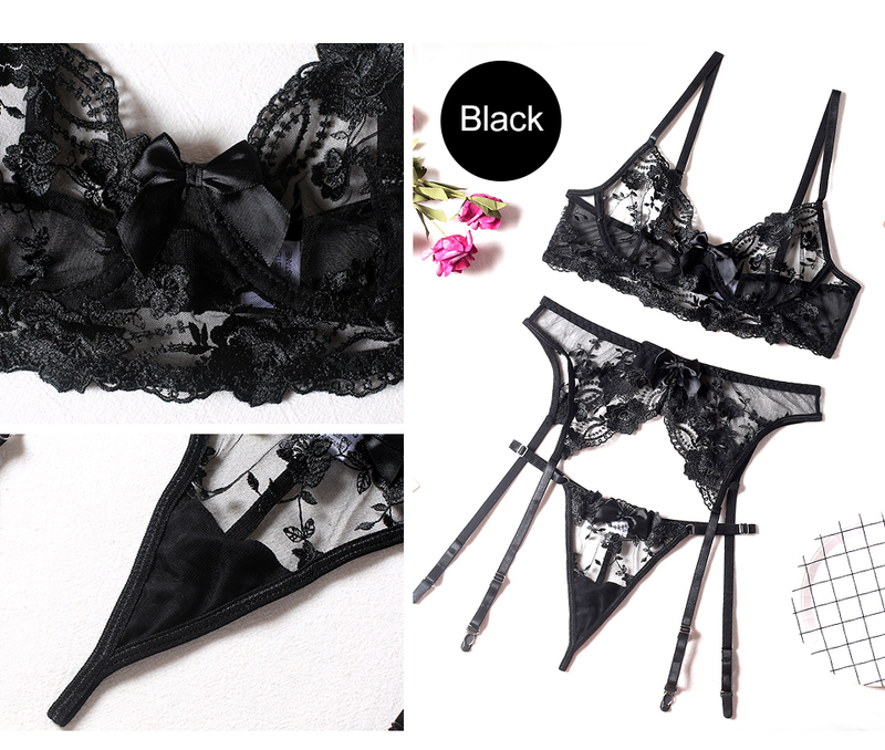 Blumenstickerei-BH-Set, sexy Dessous, Damen, dünn, Push-up-BH, BH + Strumpfbänder + Tanga, 3-teiliges Set, durchsichtige rosa Unterwäsche_voghion.com