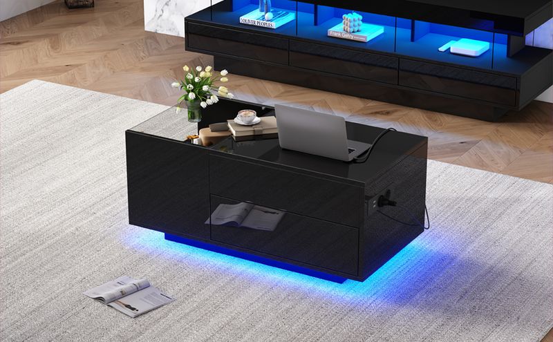 Table basse réglable en hauteur 95 x 48 x 42 cm avec rangement dissimulé, éclairage LED, tiroir et prise de courant - Table d'appoint de salon noire_voghion.com