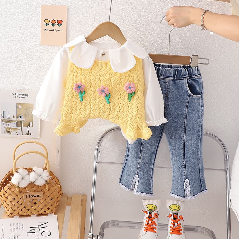 Chaleco para niñas, suéter de punto de primavera y otoño, tres piezas, moda 2024, nuevo conjunto para niñas y niños, lindo_voghion.com