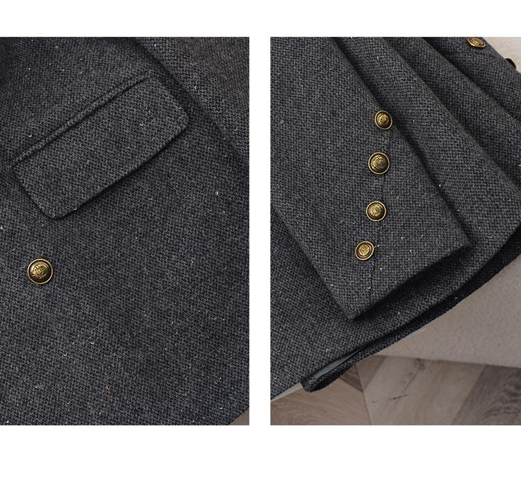 Blazer da donna in tweed misto lana per autunno inverno - Giacca da ufficio doppiopetto slim fit con revers a lancia (nero, marrone, rosso, grigio)_voghion.com