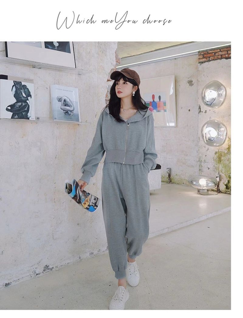 Gray Hooded Sweatshirt Two-Piece Set For Women 2025 Spring And Autumn New Casual Lazy Style High-End Youthful Sports_voghion.com