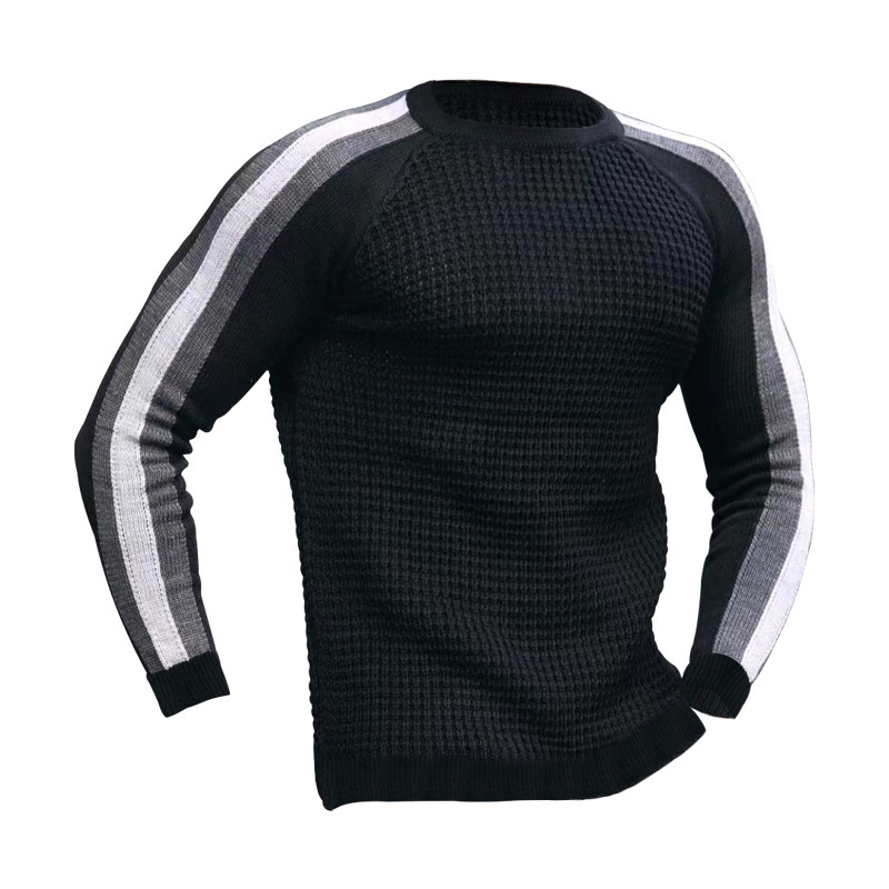 Menswear Autumn And Winter Waffle Long Sleeve Crew Neck Shirt Men's Contrast Color Slim Fit Bottom Sports Casual Sweater Men_voghion.com