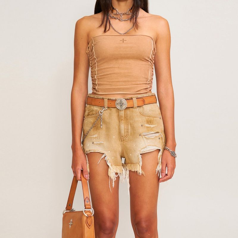 Top corto bandeau vintage tejido a mano con efecto desgastado - Ropa urbana bohemia de mezclilla desgastada para mujer_voghion.com