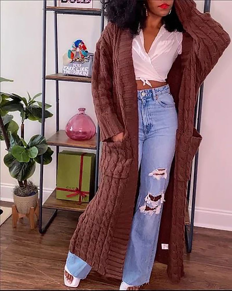 Damenbekleidung Locker gestrickte Strickjacke, gemütliche, übergroße Strickjacke mit Taschen, langer Zopfmuster-Pullovermantel, lockerer Boho-Chic, offene Vorderseite_voghion.com
