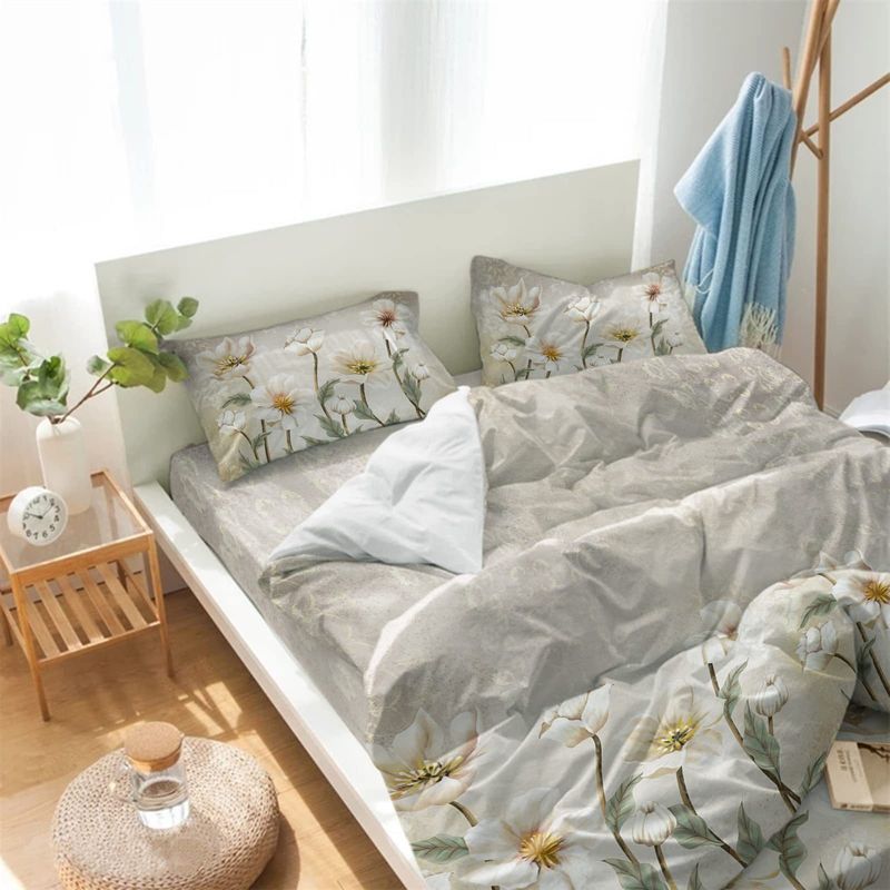 Zestaw pościeli Retro White Floral, trzyczęściowy, poszewka na kołdrę, miękki poliester, faktura frezowanego aksamitu_voghion.com