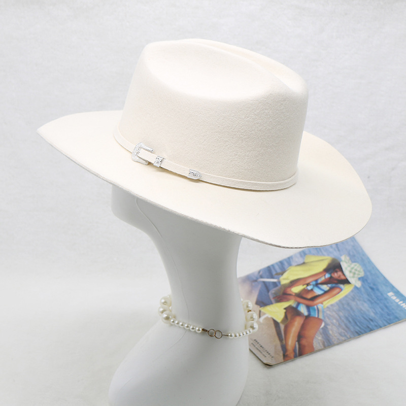 Cappello da cowboy occidentale in feltro di lana bianca che vende cappello da cavaliere di lana da uomo_voghion.com