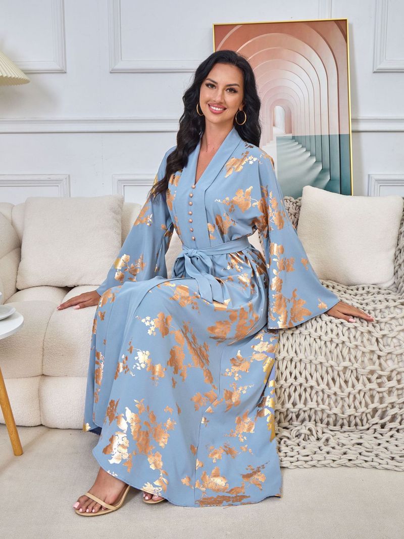 Damenbekleidung Naher Osten Muslimische Damenmode im neuen Stil mit Goldprägung Abendkleid Arabisches Kleid Kaftan Robe_voghion.com