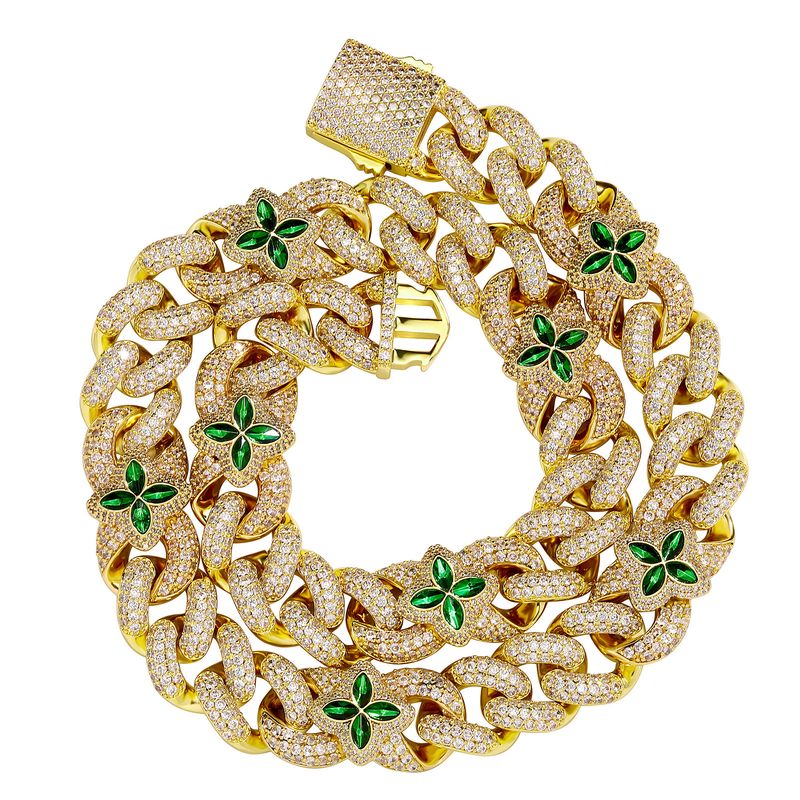 Four-Leaf Clover Cuban Men's Diamond-Studded Necklace Hip Hop Green Twist Chain Trendy Nightclub Accessories_voghion.com