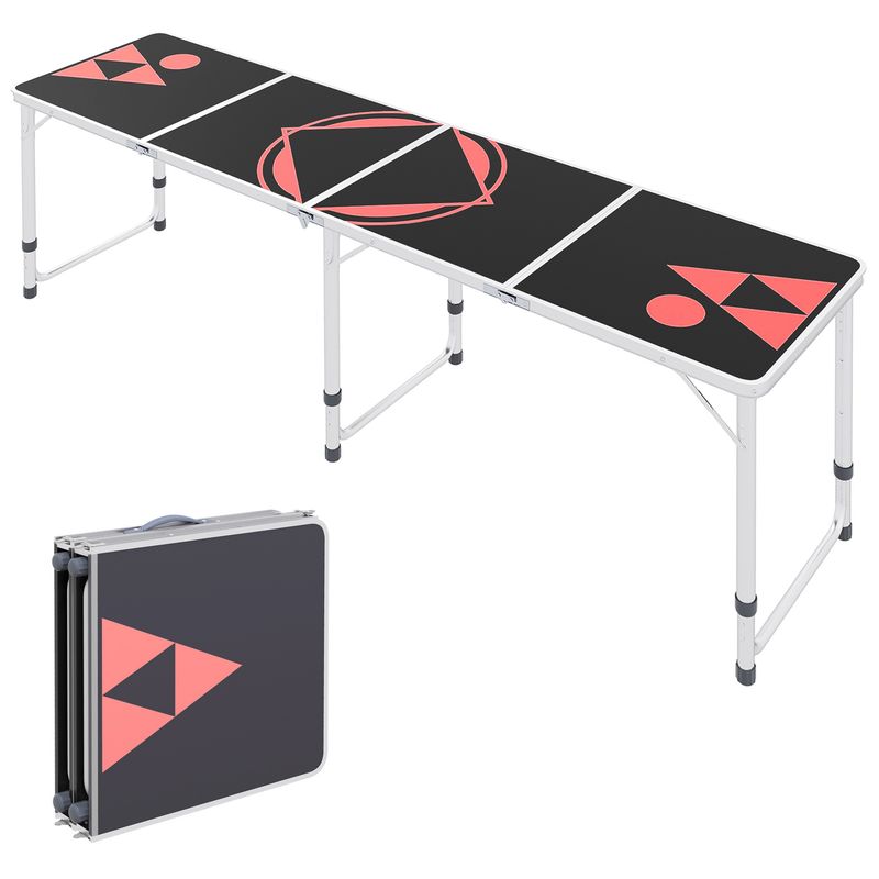 Outsunny 8ft Portable Beer Pong Table with Adjustable Legs, Folding Camping Table, Aluminum Picnic Table, for Party, Travel, BBQ, Beach, Black and Red_voghion.com